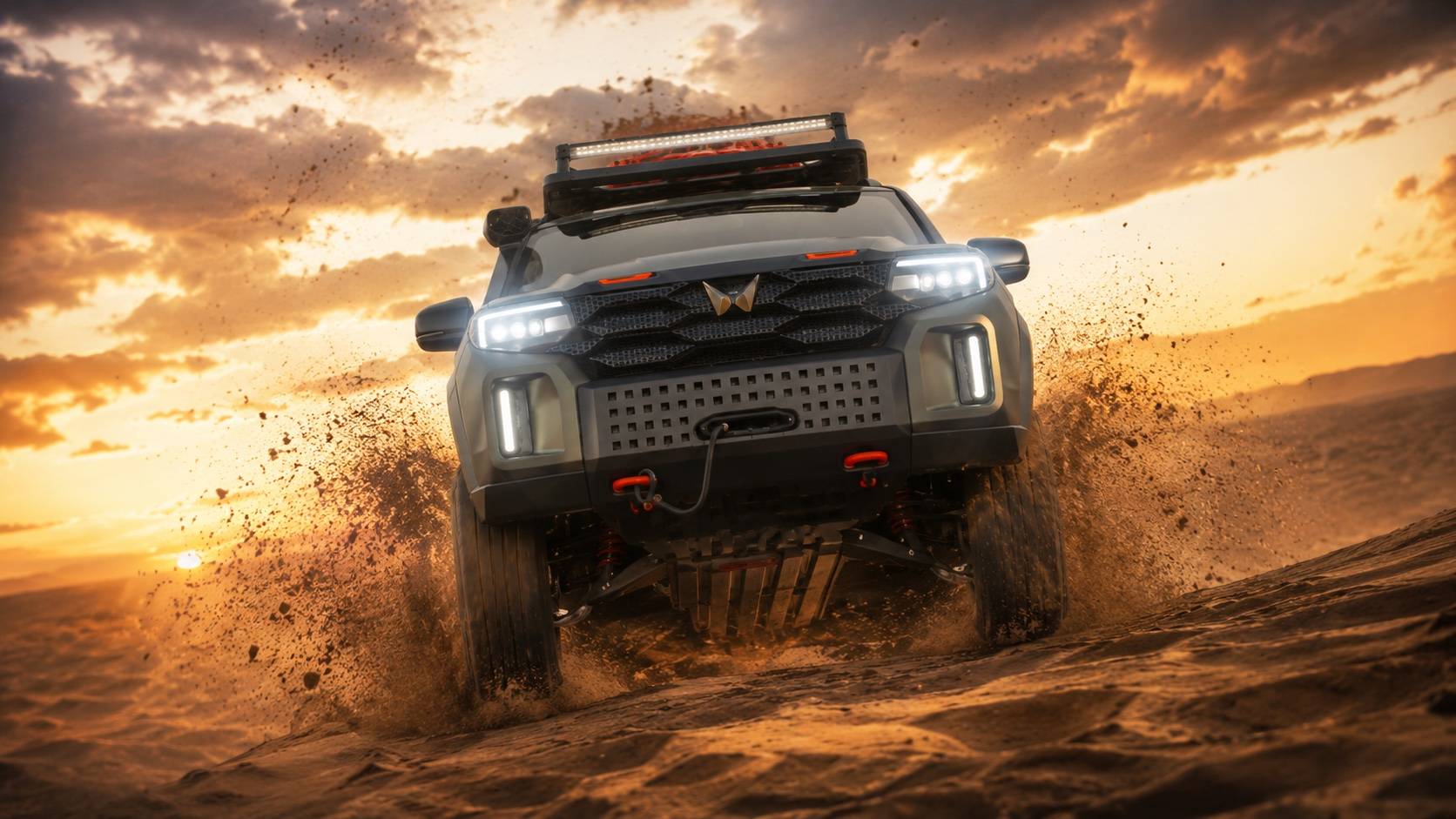Head-on view of the pickup cresting a dune with suspension unloaded, backlit by sunset. AI render, not official imagery