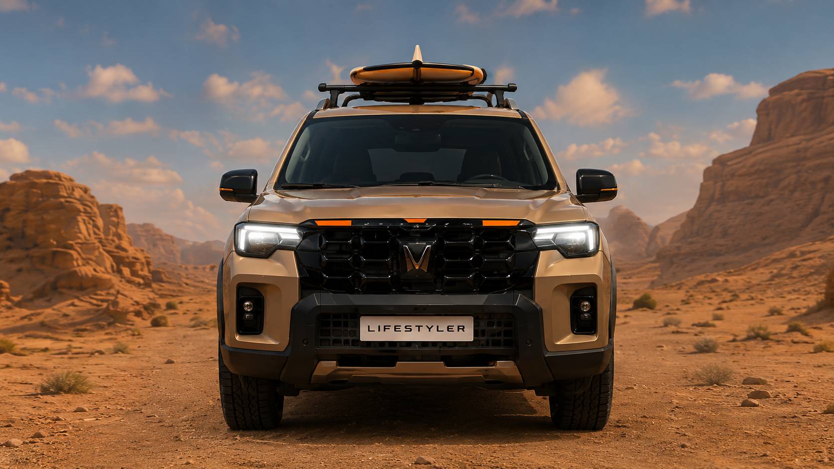 Head-on stance of the Sahara Beige Lifestyler with roof rack and surfboard under blue desert sky. AI render, not official imagery
