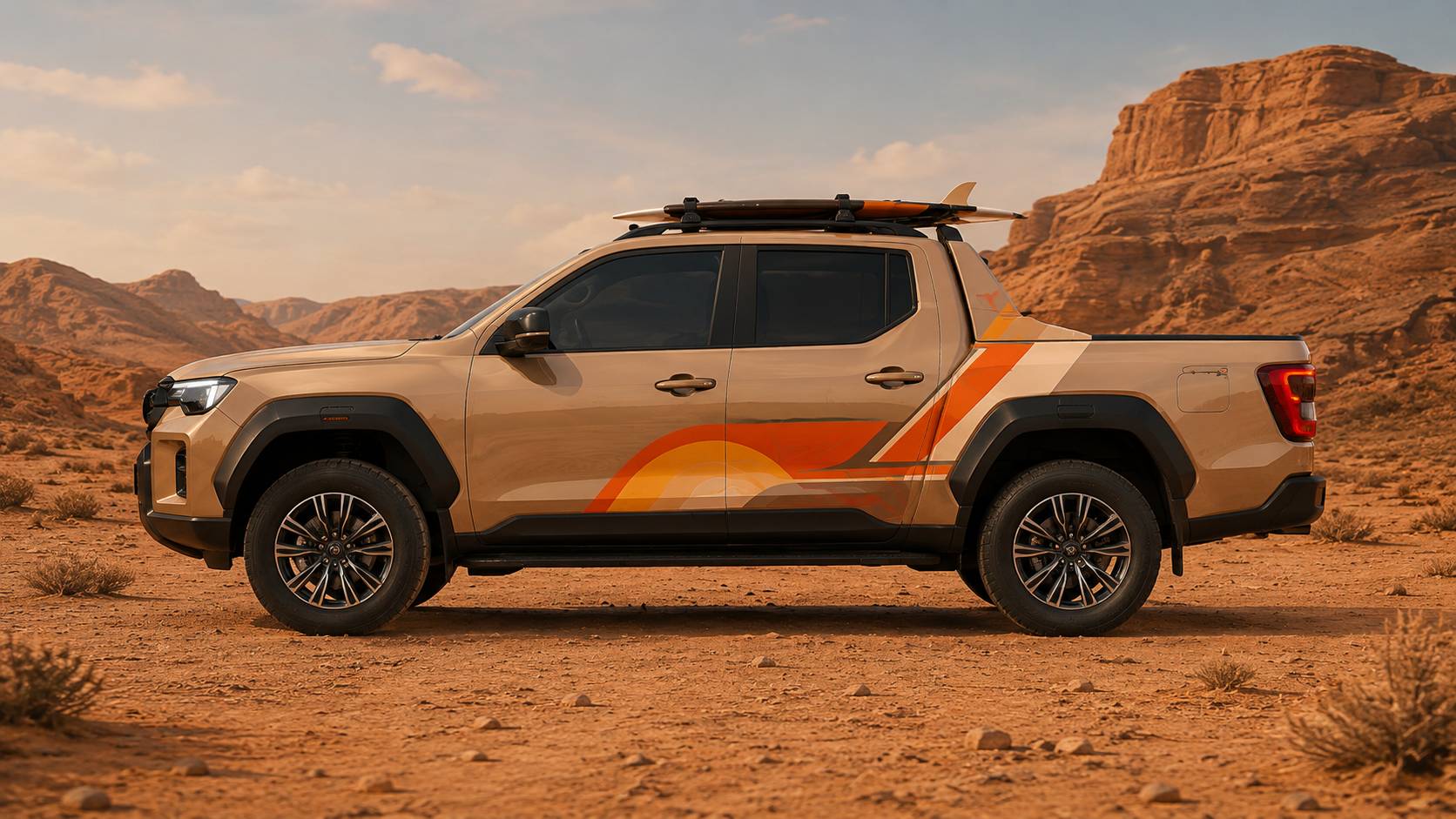 Sahara Beige Lifestyler in profile beneath blue desert sky, surfboard on the roof. AI render, not official imagery