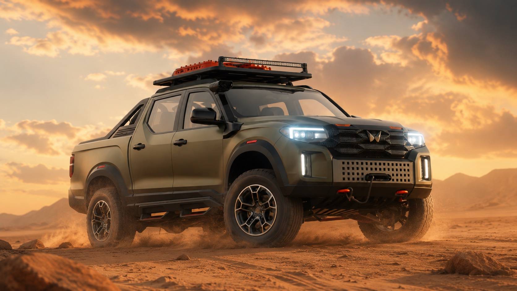 Front three-quarter stance of the olive-green pickup with roof rack and light bar under a dramatic sky. AI render, not official imagery