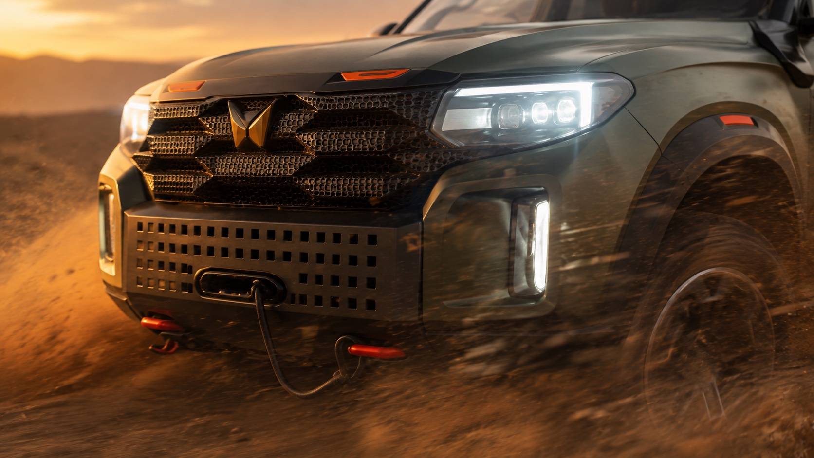 Close-up of the pickup's grille, winch mount and LED headlamps in golden light. AI render, not official imagery