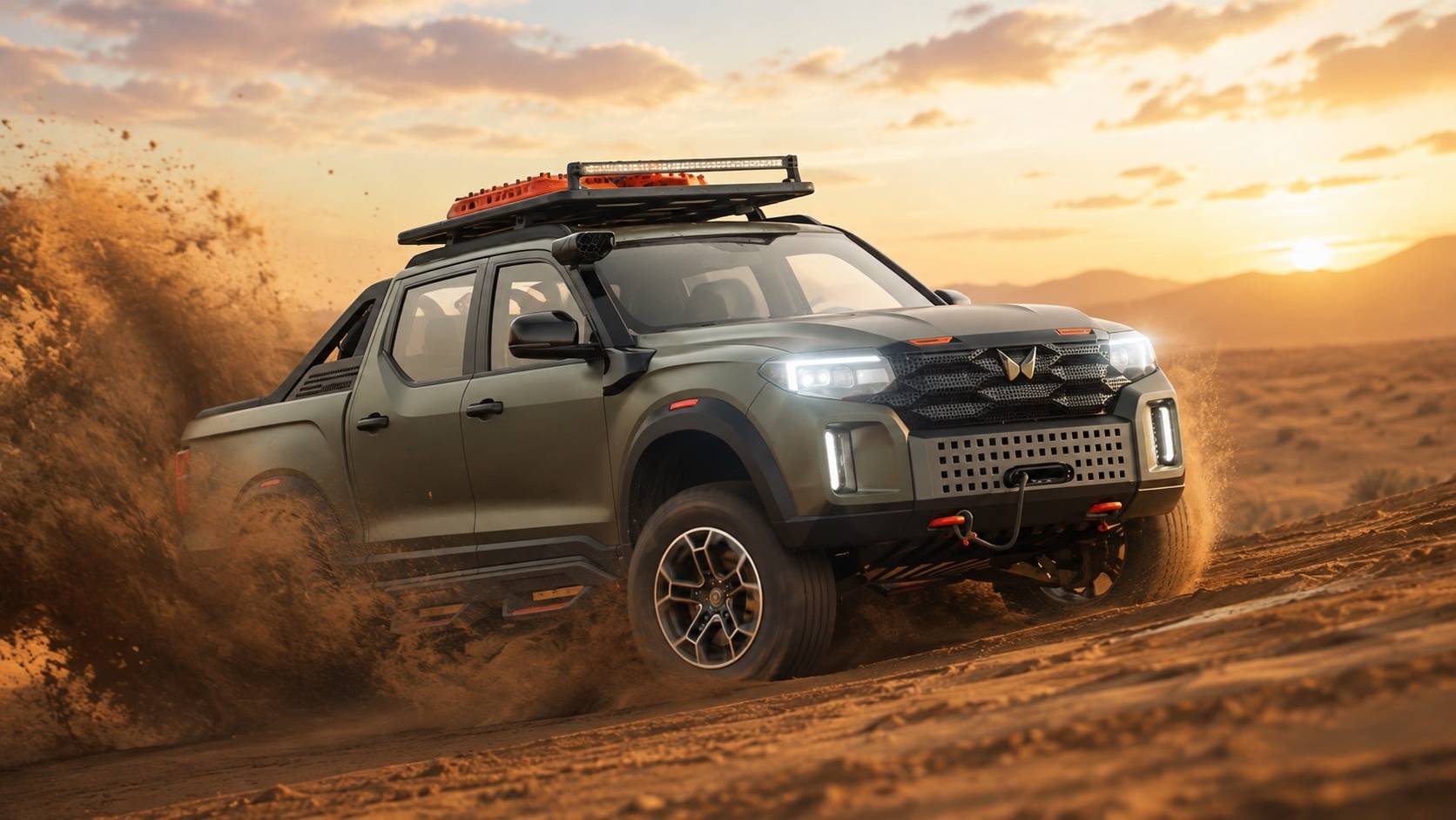 Olive-green double-cab pickup render charging across desert dunes in a spray of sand at sunset. AI render, not official imagery