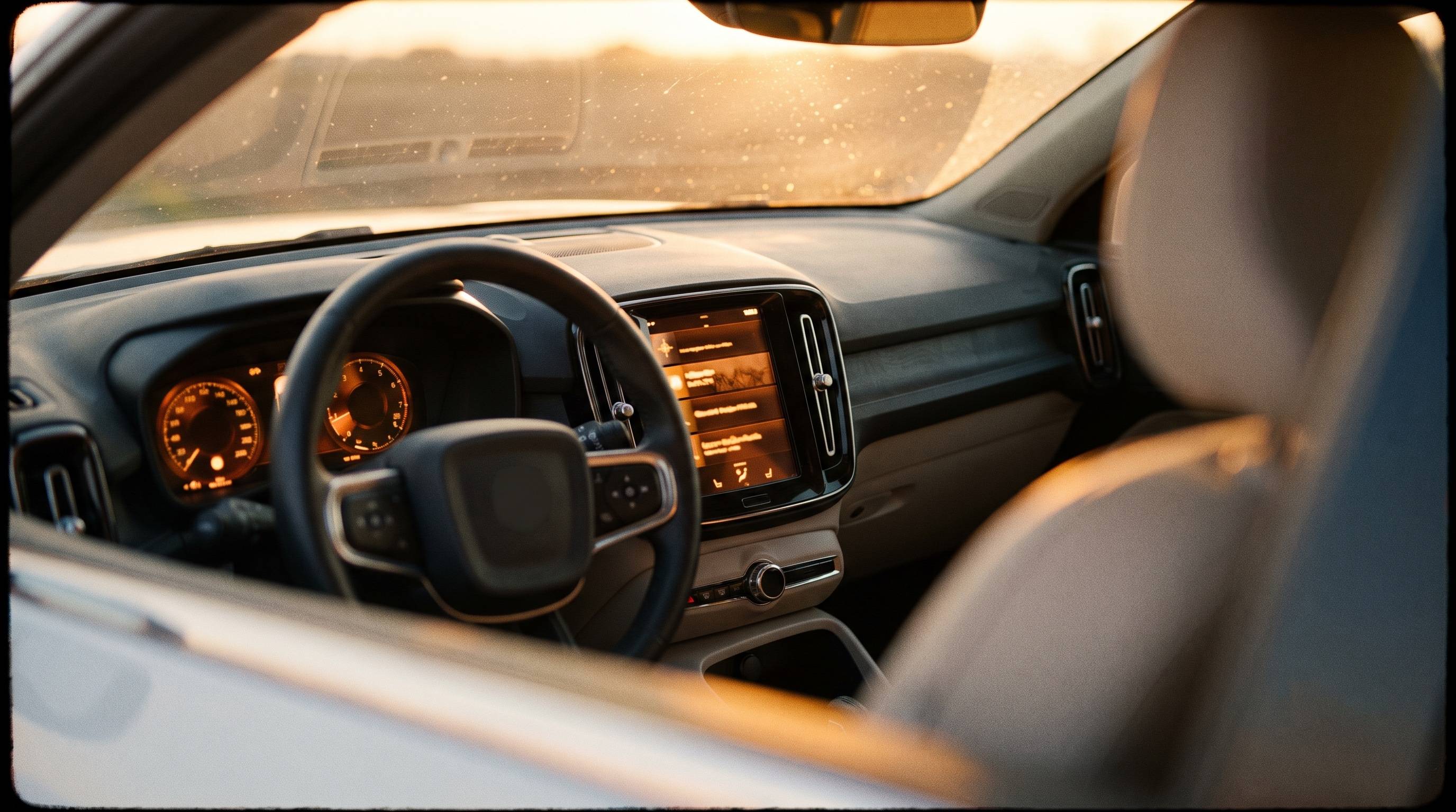 Premium pickup cabin with portrait touchscreen and rotary climate controls in golden-hour light. AI render, not official imagery