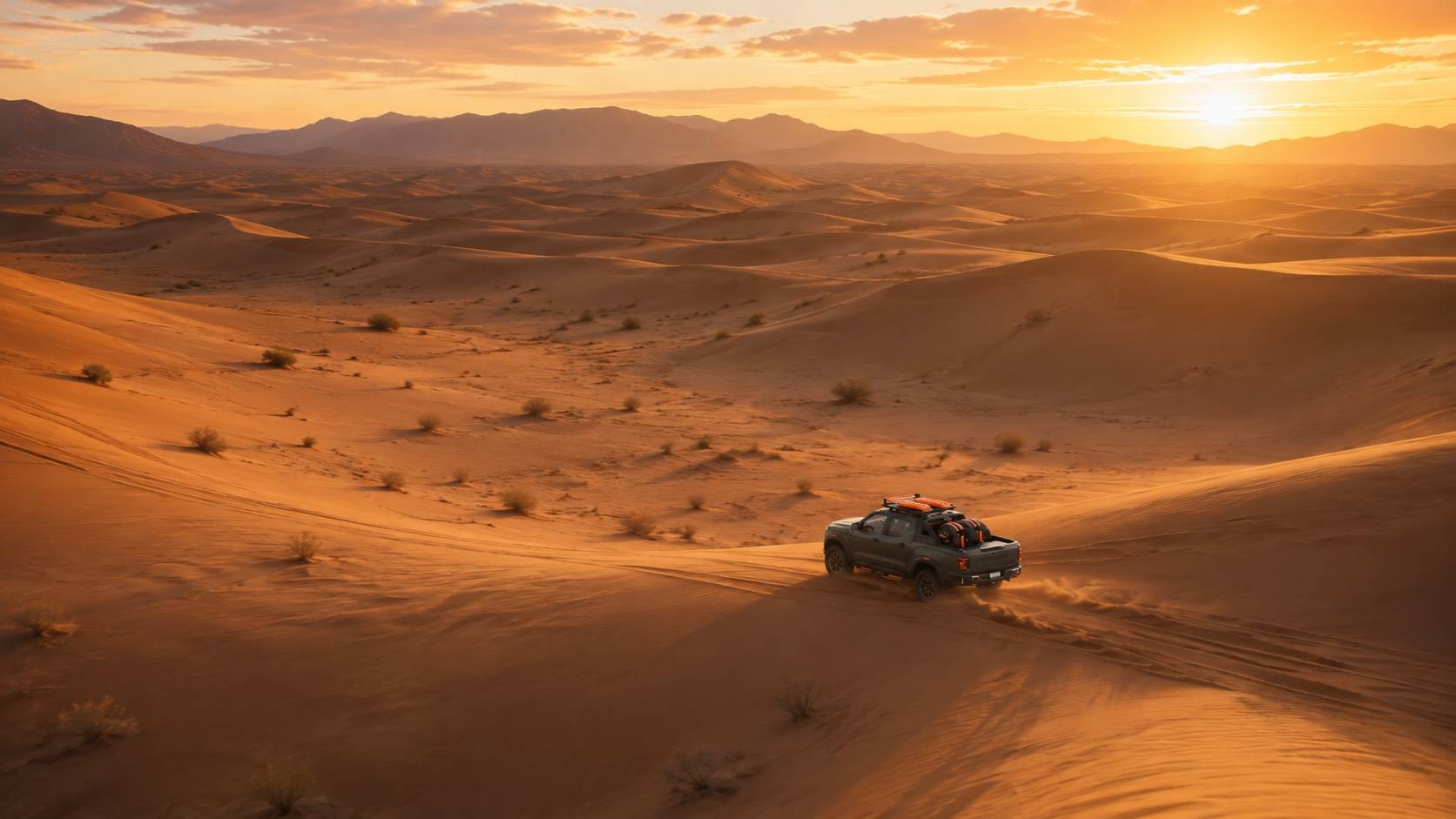Lone pickup crossing a vast dune field at sunset. AI render, not official imagery