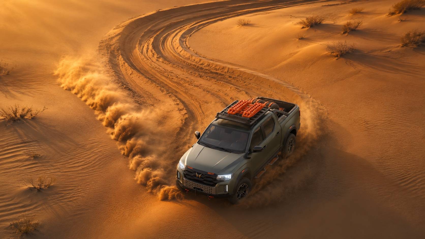 Aerial view of the pickup mid-drift, load bed carrying recovery boards. AI render, not official imagery