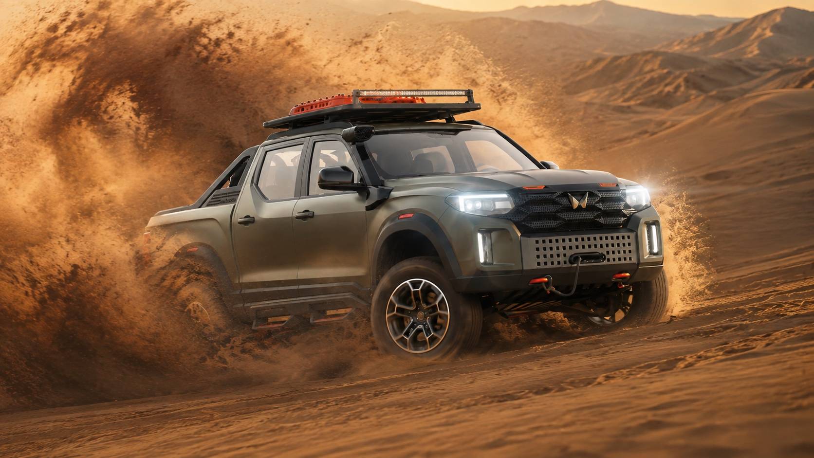 Pickup render carving through a collapsing dune wall, sand cascading. AI render, not official imagery