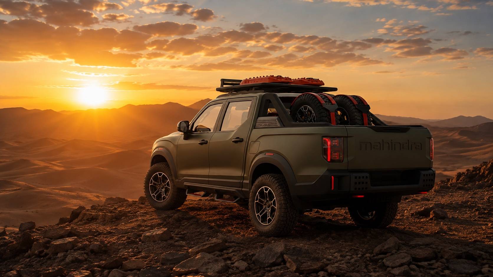 Rear three-quarter view of the pickup parked on a rocky ridge at sunset. AI render, not official imagery