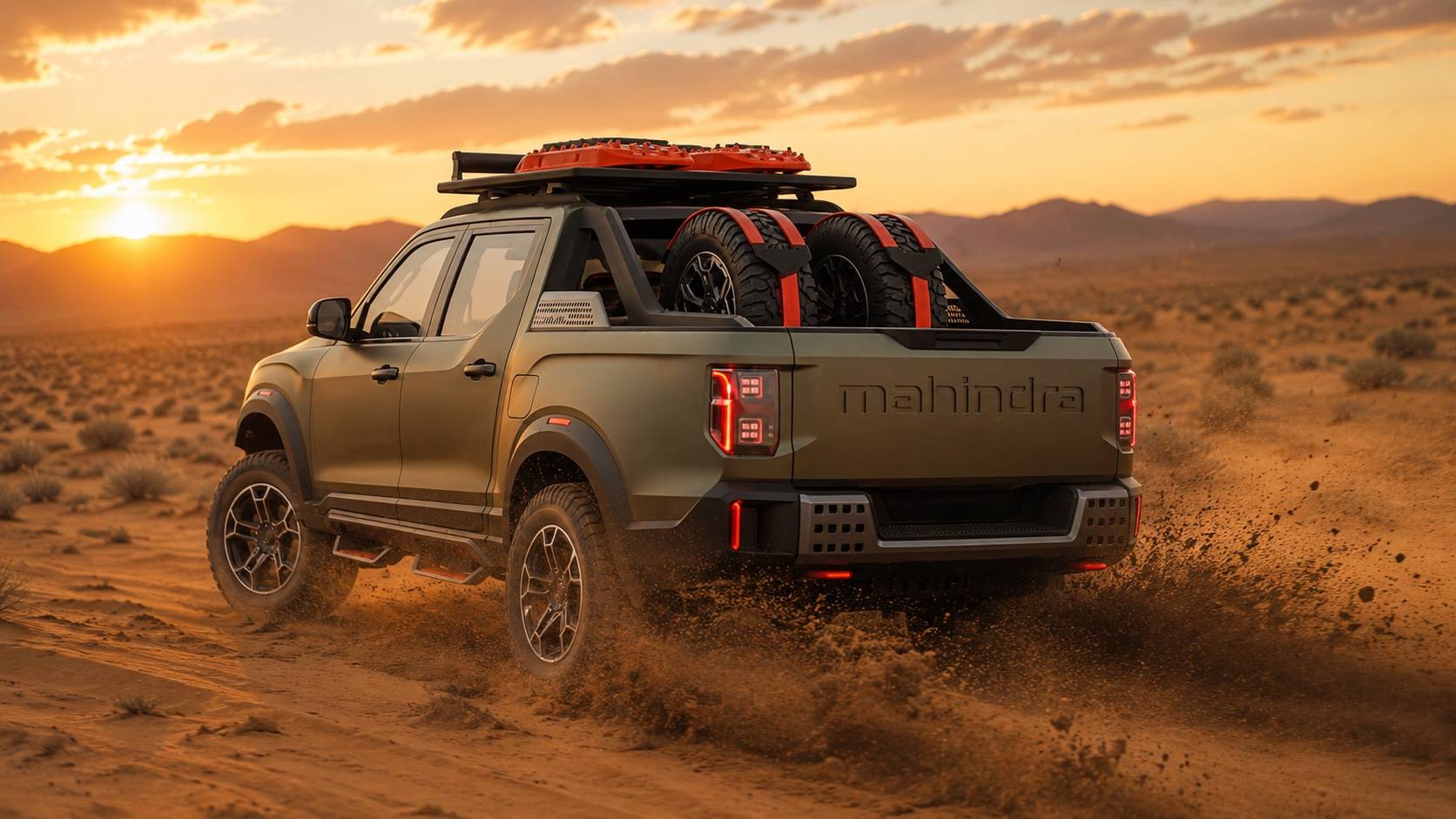 Rear of the pickup driving away: lit tail lamps, MAHINDRA-embossed tailgate, spare wheels in the bed. AI render, not official imagery
