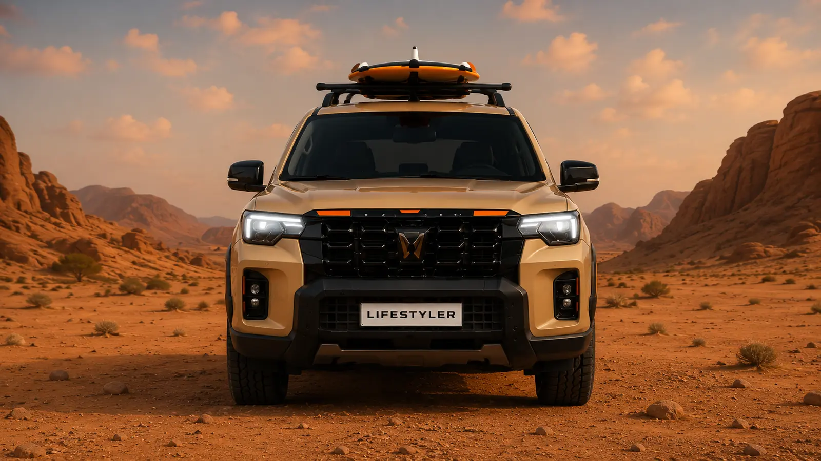 Trail edition in Sahara Beige, head-on stance in a sunset desert. Illustrative AI render, not official imagery.