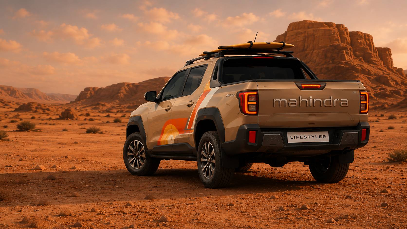 Rear three-quarter view over the Lifestyler's load bed, boards on the roof rack, in sunset desert. AI render, not official imagery