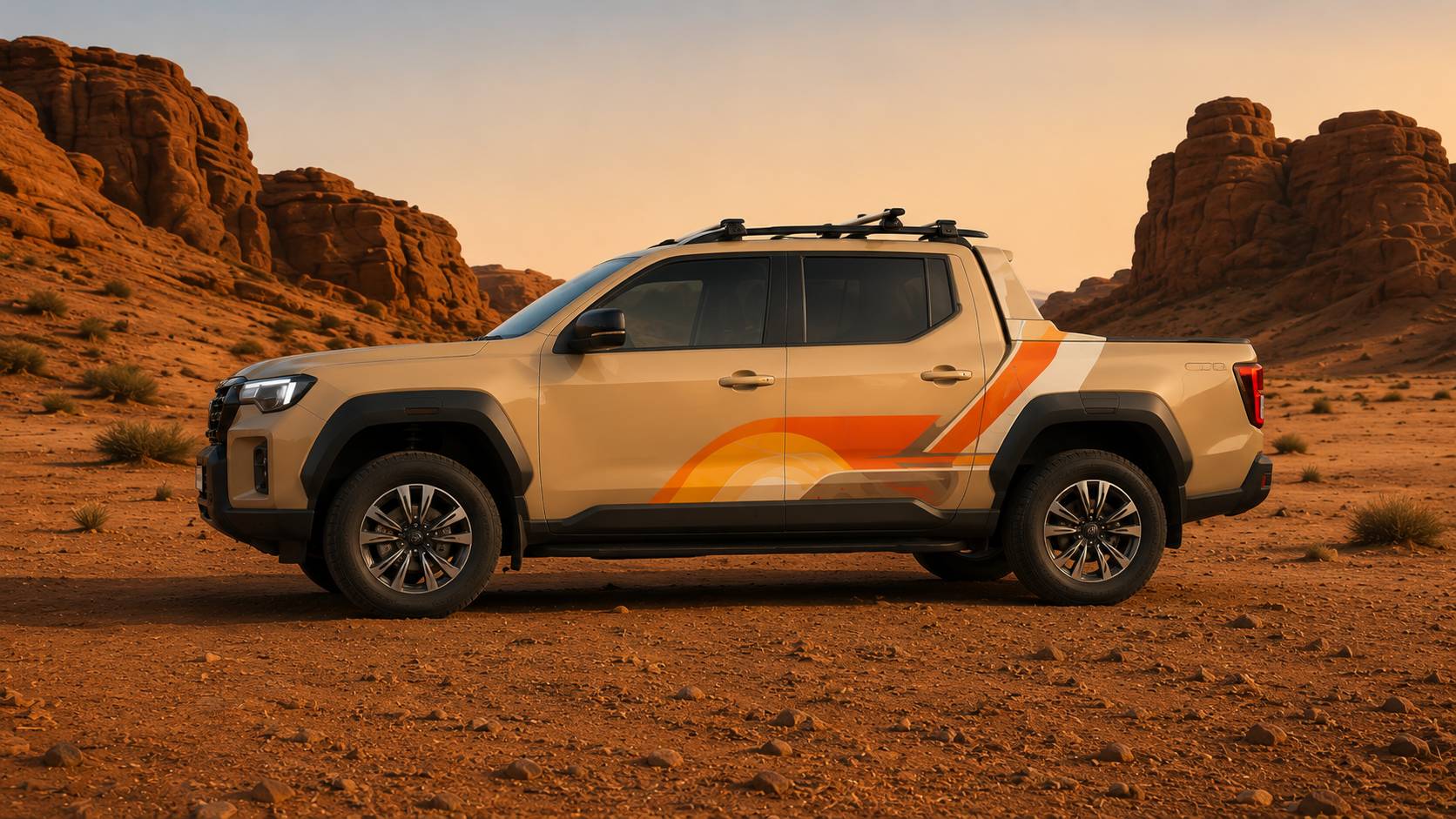 Sahara Beige Lifestyler in profile against sunset desert cliffs. AI render, not official imagery